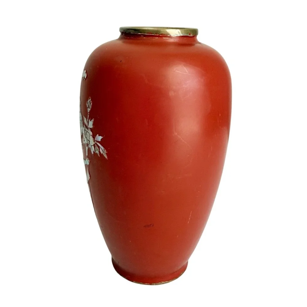 Cinnabar Vase Home Decor Small Red Mother of Pearl Inlay Birds *See Photos